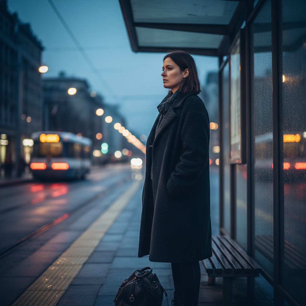 Frau steht abends erschöpft an einer Straßenbahnhaltestelle, Stress Symptome sichtbar