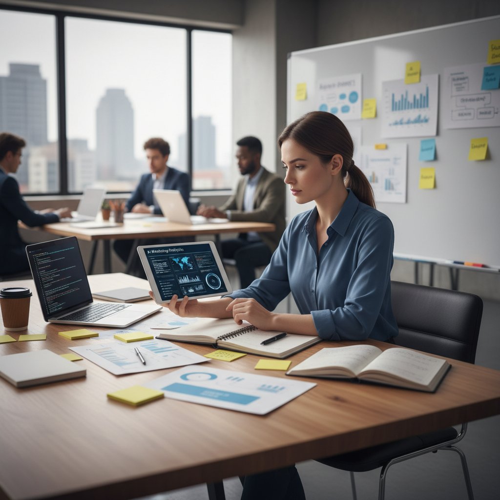 Kobieta z laptopem analizująca pierwsze wyniki kampanii AI, biuro, notatki na stole, słowa kluczowe: wdrożenie AI marketing, pierwsze kroki