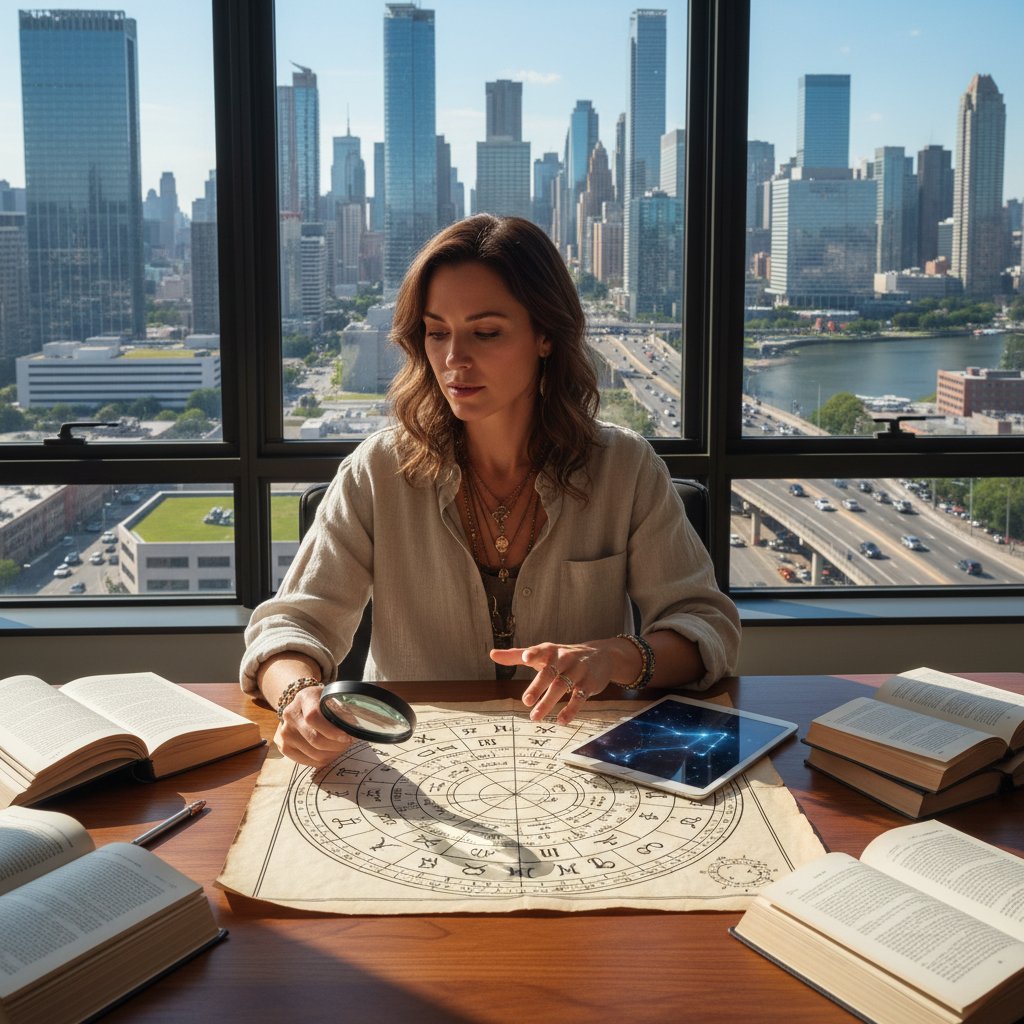 Kobieta analizująca wykres urodzeniowy na tle współczesnego miasta, codzienne zastosowanie astrologii