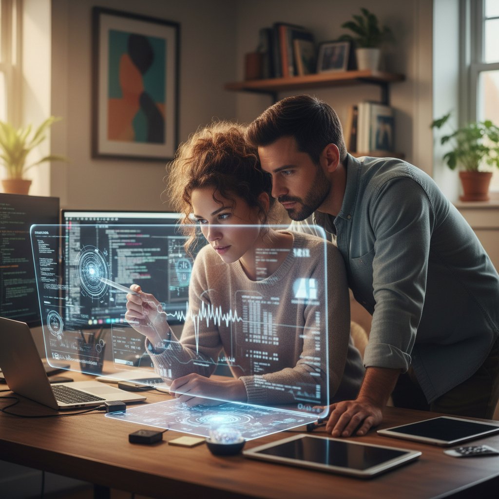 Kobieta i mężczyzna analizują dane AI na laptopie, domowe biuro, zaangażowanie