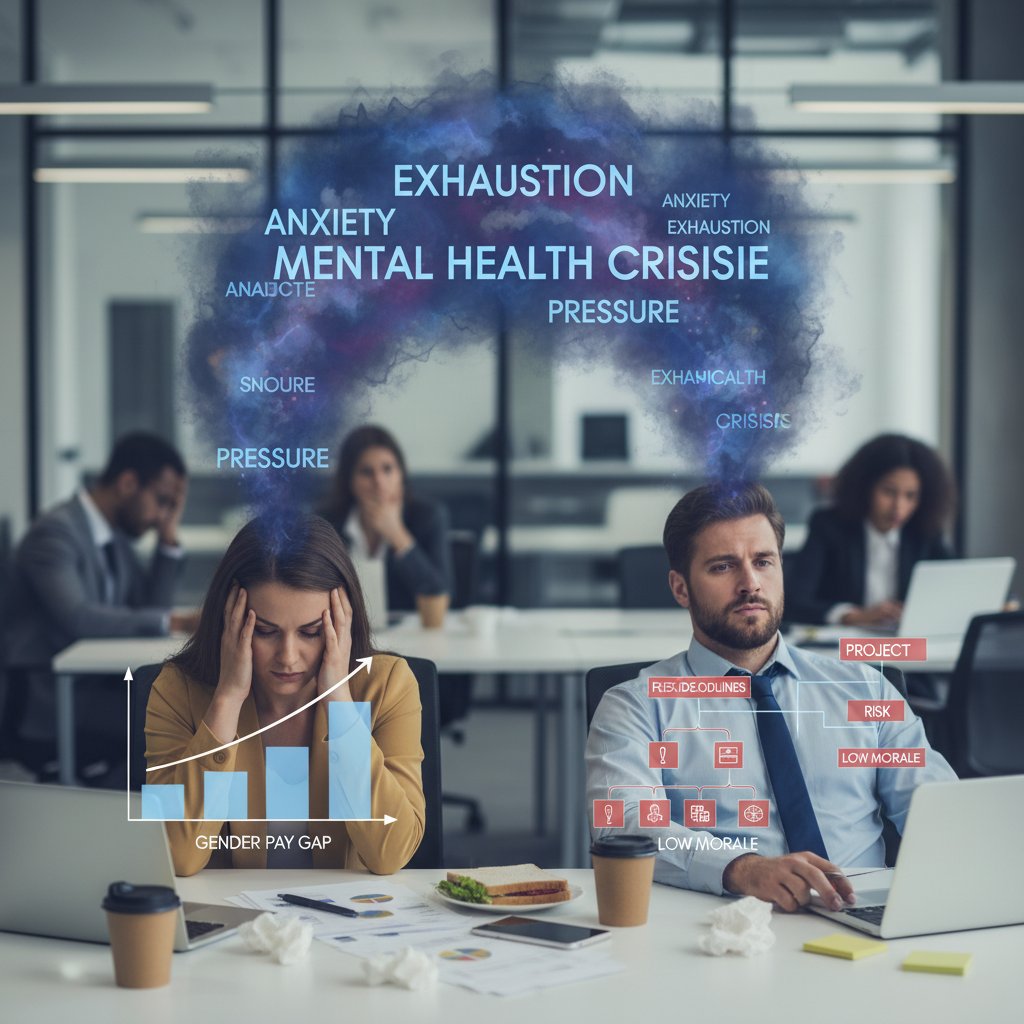 Kobieta i mężczyzna zmartwieni w pracy, temat wpływ luki płacowej na zdrowie psychiczne