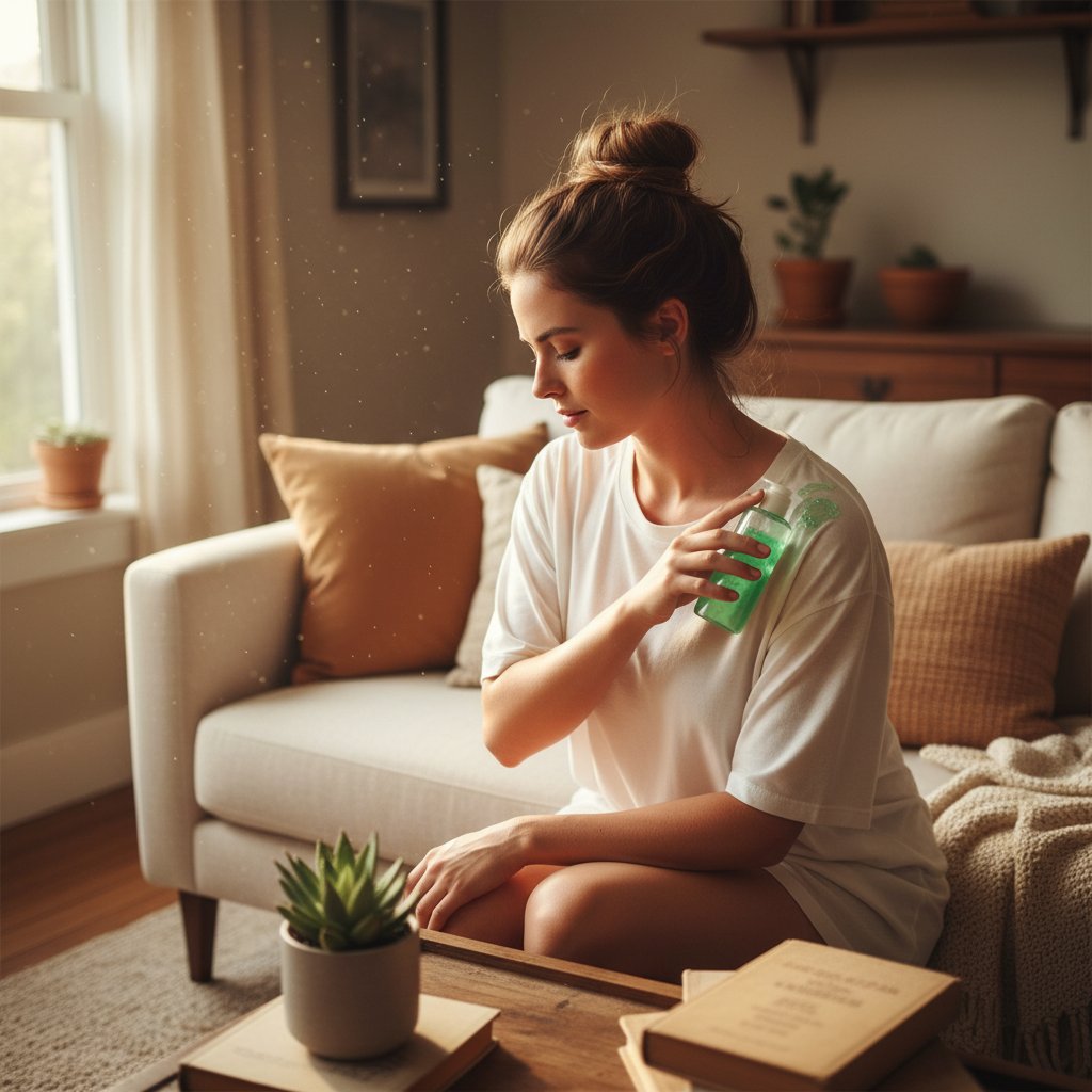Kobieta nakładająca miąższ aloesu na oparzenie słoneczne, domowe otoczenie