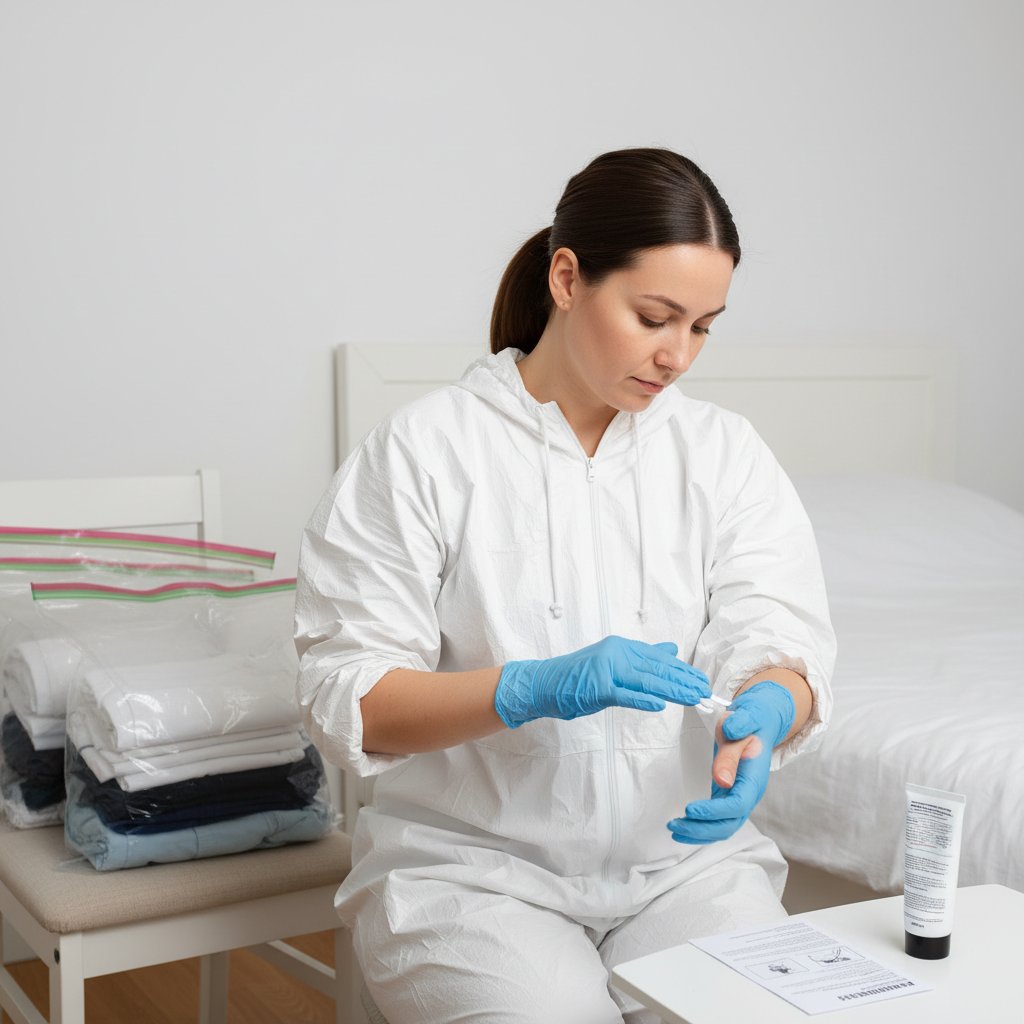 Młoda kobieta nakłada krem na ramię, obok leżą rękawiczki jednorazowe i zamknięte worki z ubraniami – leczenie świerzbu krok po kroku