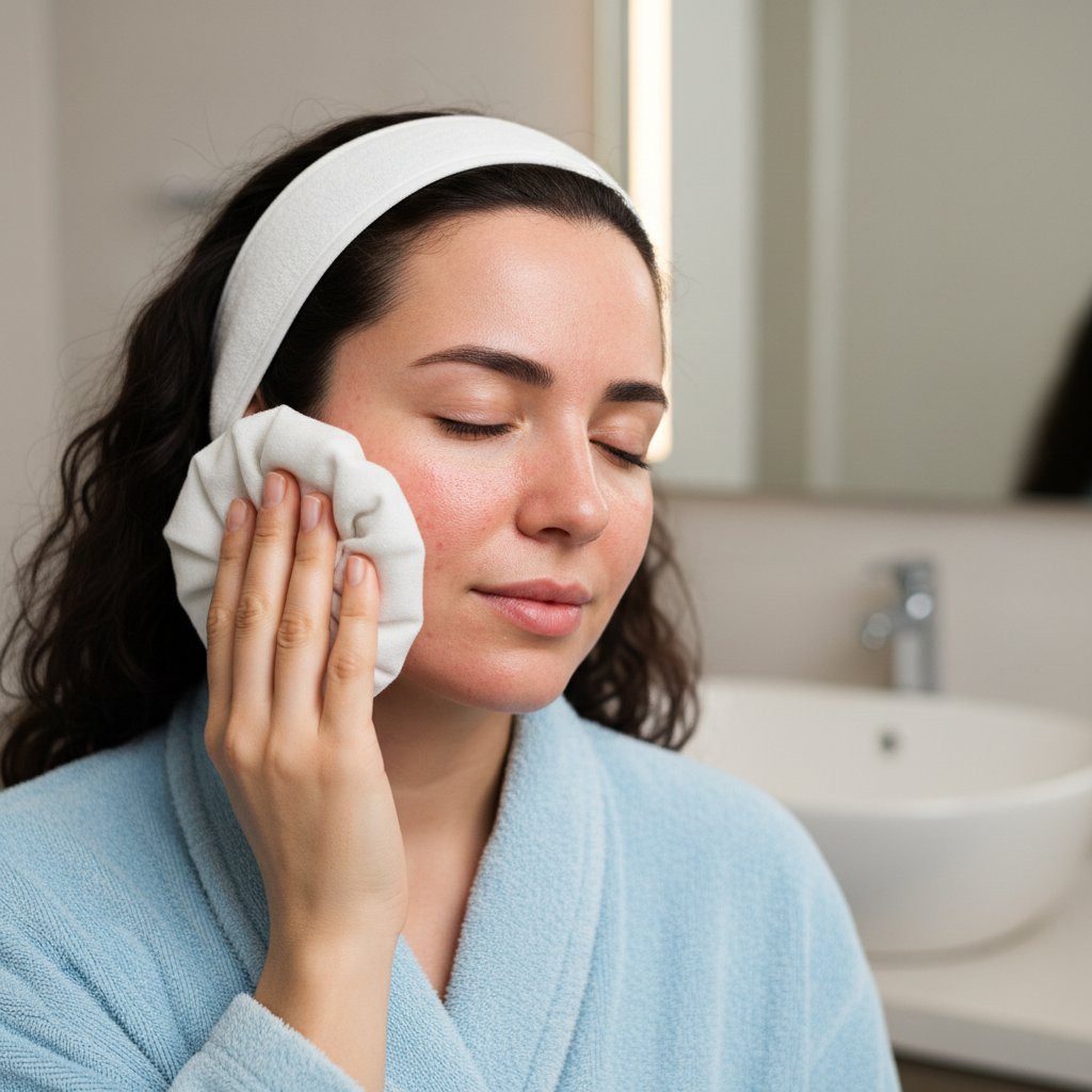 Pacjentka przykłada lód do policzka po zabiegu mezoterapii, widoczne lekkie zaczerwienienie