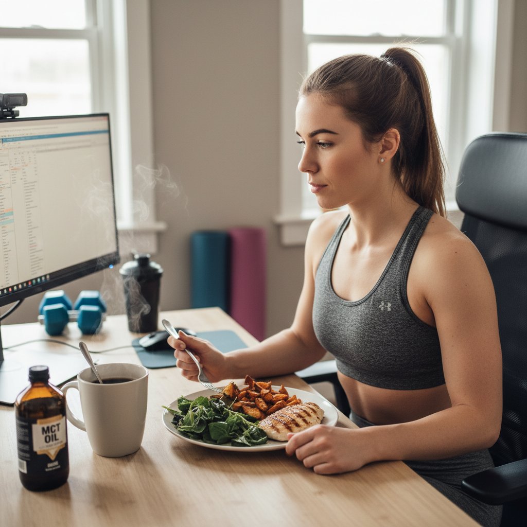 Kobieta przy komputerze z kawą i butelką MCT, obok posiłek po treningu – MCT w pracy i sporcie
