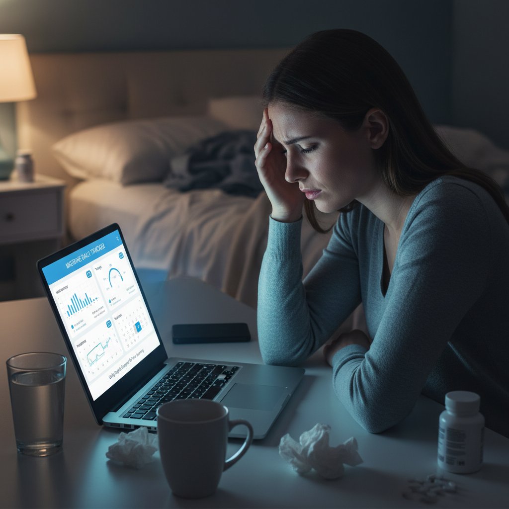 Kobieta pracująca przy komputerze, twarz napięta, ekran z aplikacją monitorującą objawy migreny – codzienność z cyfrową pomocą