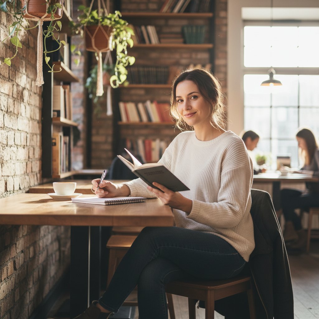Kobieta przeglądająca książki w kawiarni, notatnik, skupiona, pewna siebie