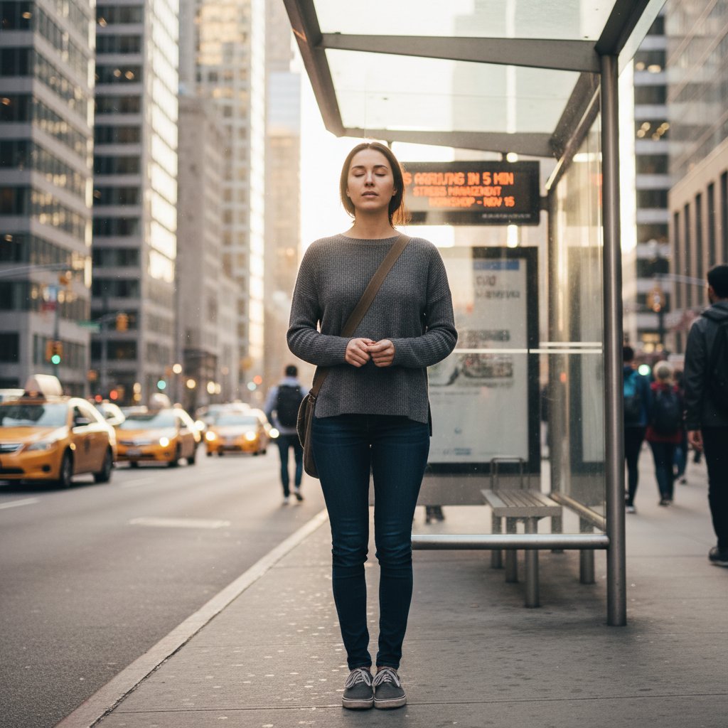 Kobieta na przystanku autobusowym wykonująca subtelne ćwiczenie oddechowe