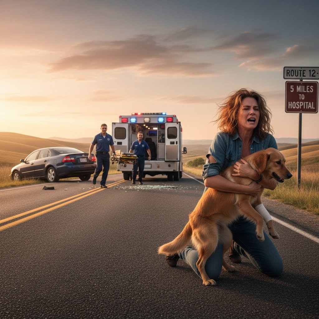 Kobieta dzwoniąca po pomoc, pies leżący na poboczu, sygnał karetki w tle