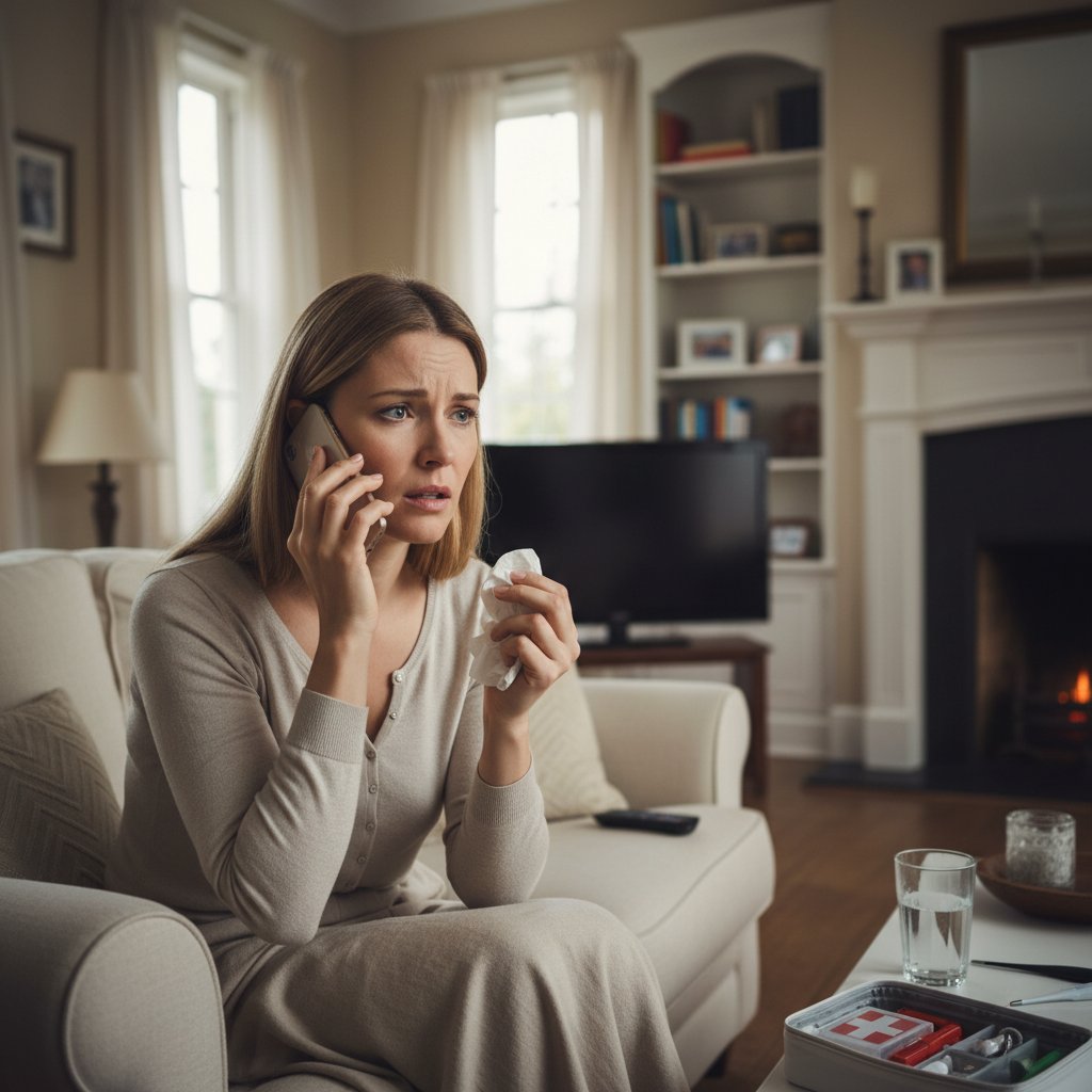 Zdjęcie kobiety dzwoniącej po pomoc medyczną, wyraźny niepokój, domowa sceneria