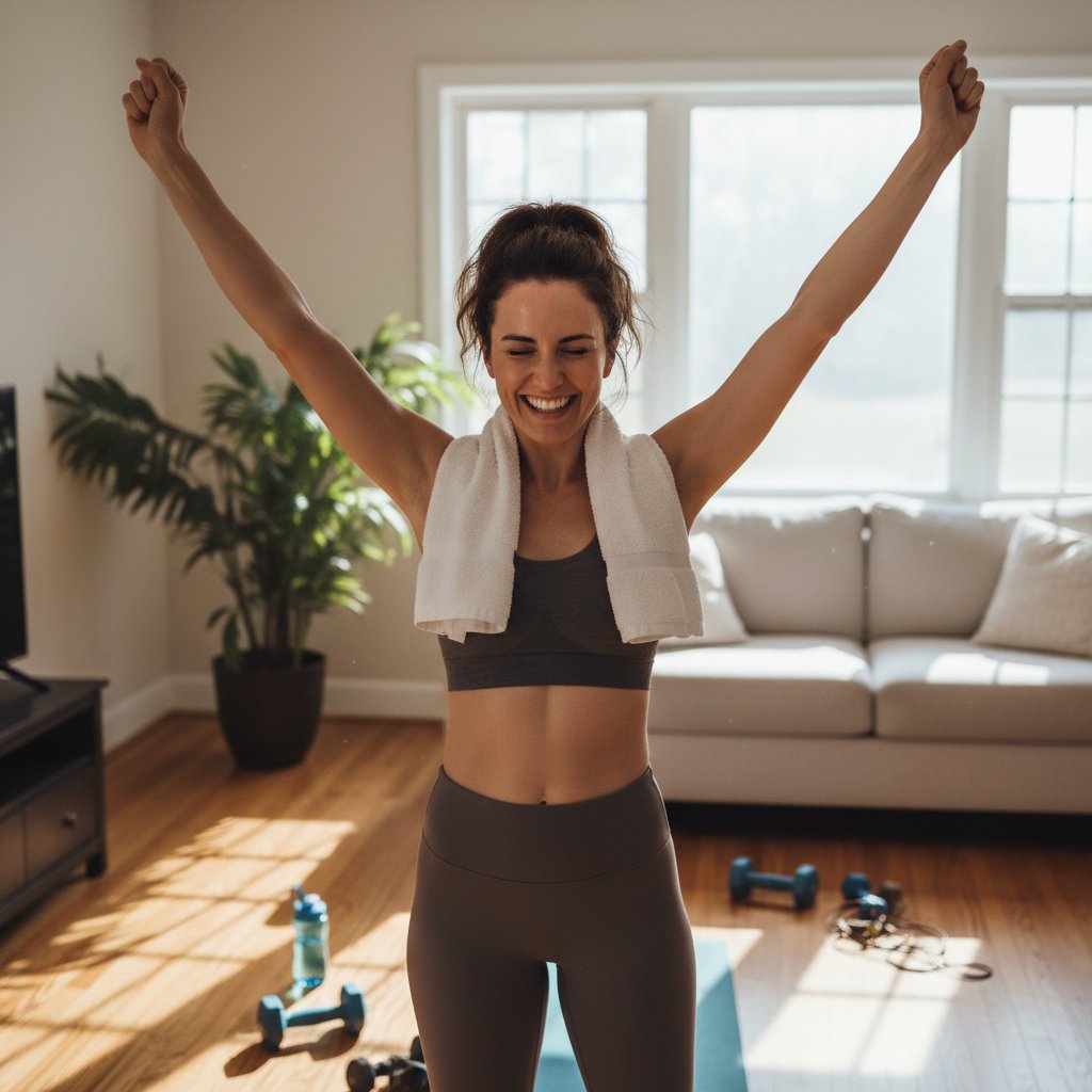 Kobieta świętująca sukces po domowym treningu – plan treningowy online w praktyce