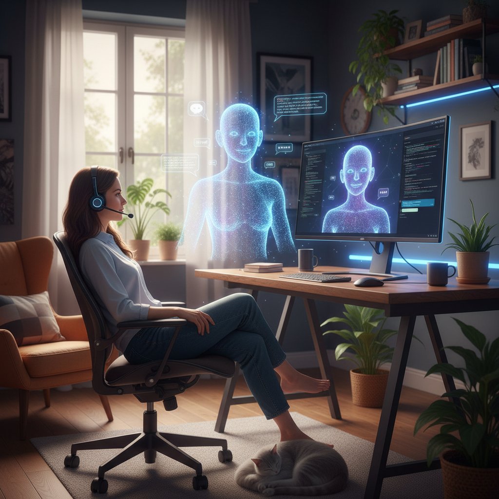 Kobieta prowadząca rozmowę z wirtualną postacią AI w domowym biurze