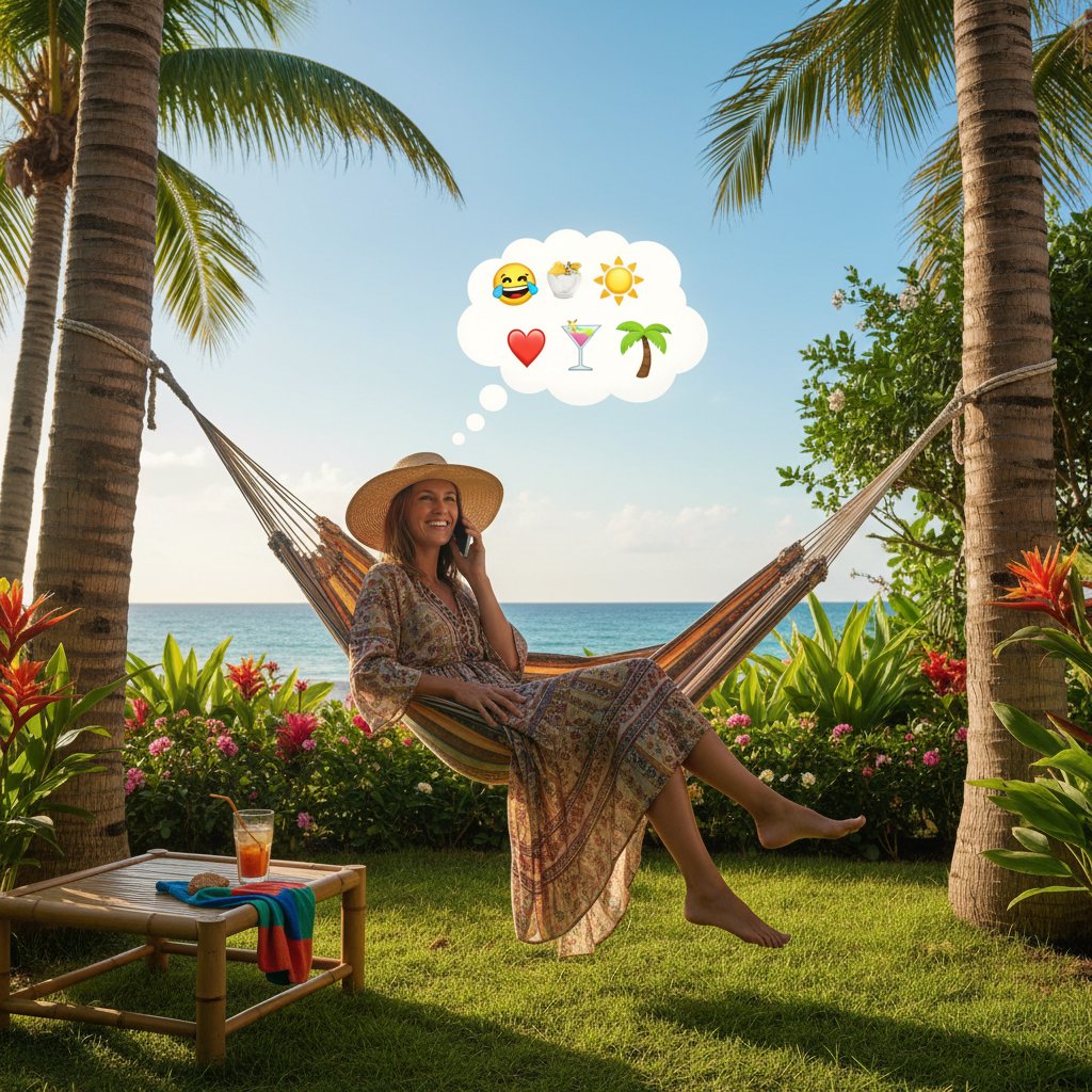 Kobieta rozmawiająca z telefonem w parku, emoji i teksty czatu na ekranie smartfona