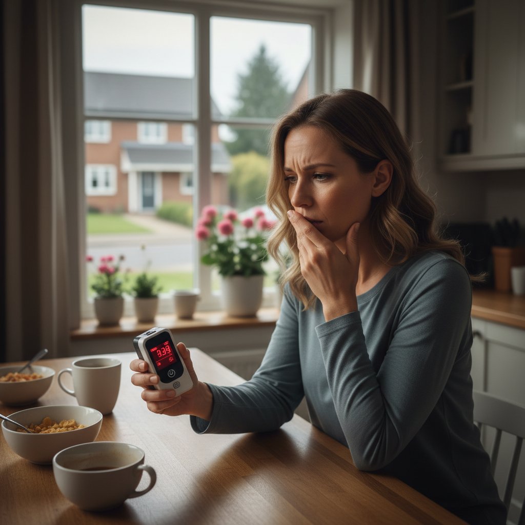 Kobieta przeglądająca wyniki testu oddechowego w domu, wyraźnie zaniepokojona