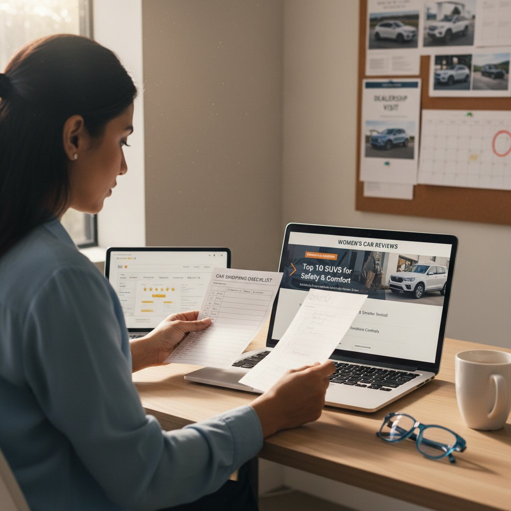 Photo of a woman checking off a car shopping checklist at a dealership, women car reviews, step-by-step guide