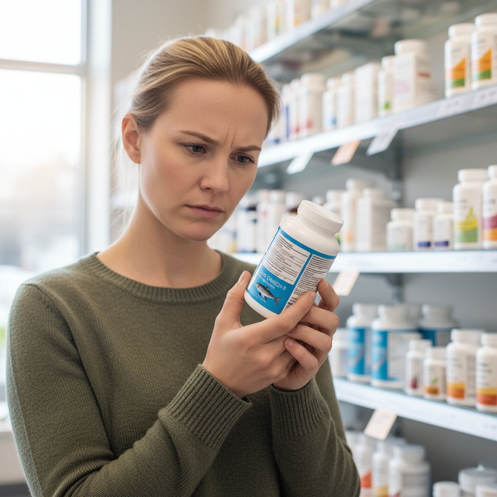 Kobieta analizująca etykietę suplementu DHA, skupienie i refleksja