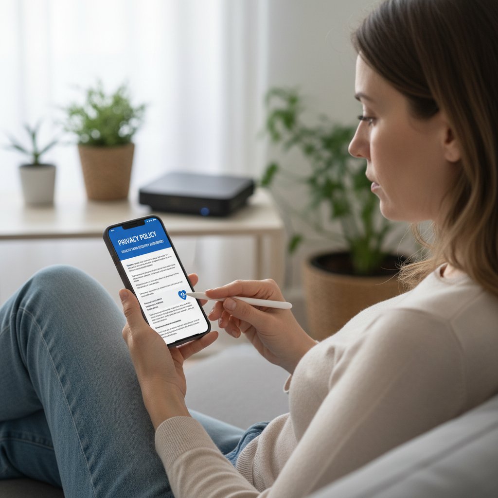 Kobieta sprawdzająca politykę prywatności na telefonie – bezpieczeństwo danych zdrowotnych
