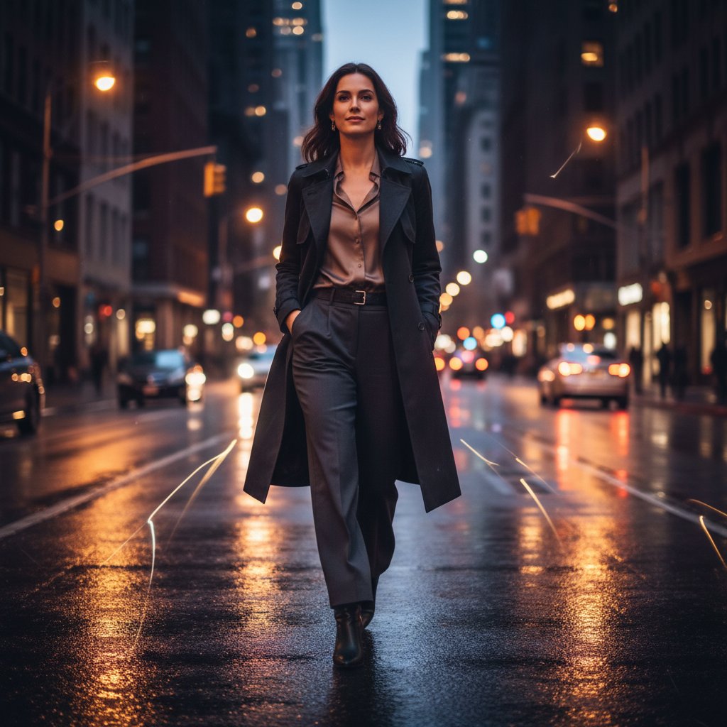 Kobieta spacerująca po mieście, pewna siebie, naturalny wygląd skóry, miejskie światło