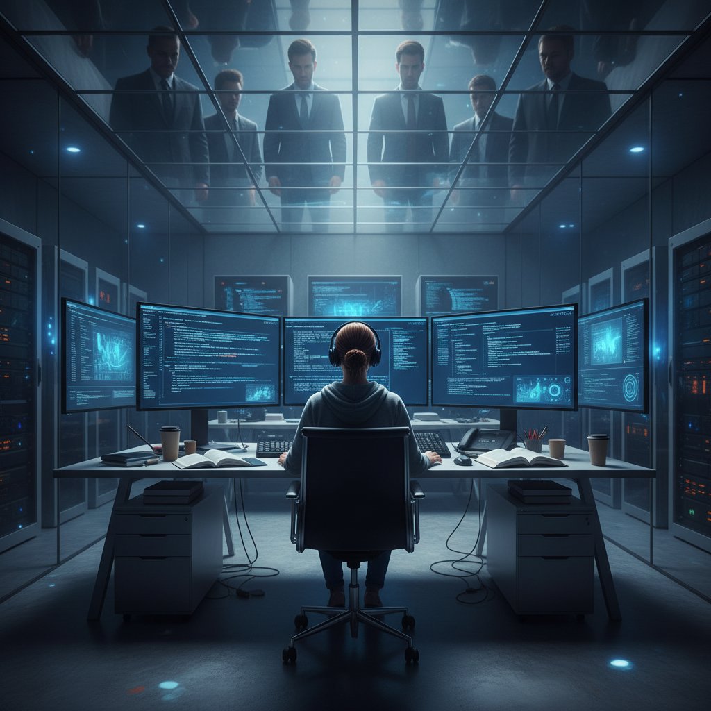 Kobieta programistka siedząca samotnie w biurze, temat szklany sufit w IT