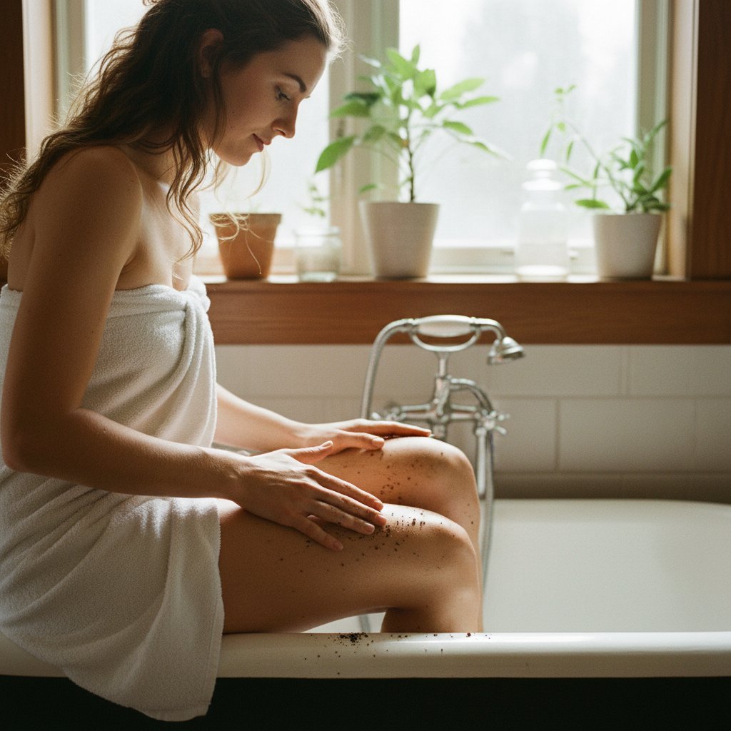 Młoda kobieta stosująca peeling kawowy na udach w domu, uśmiech, naturalne światło