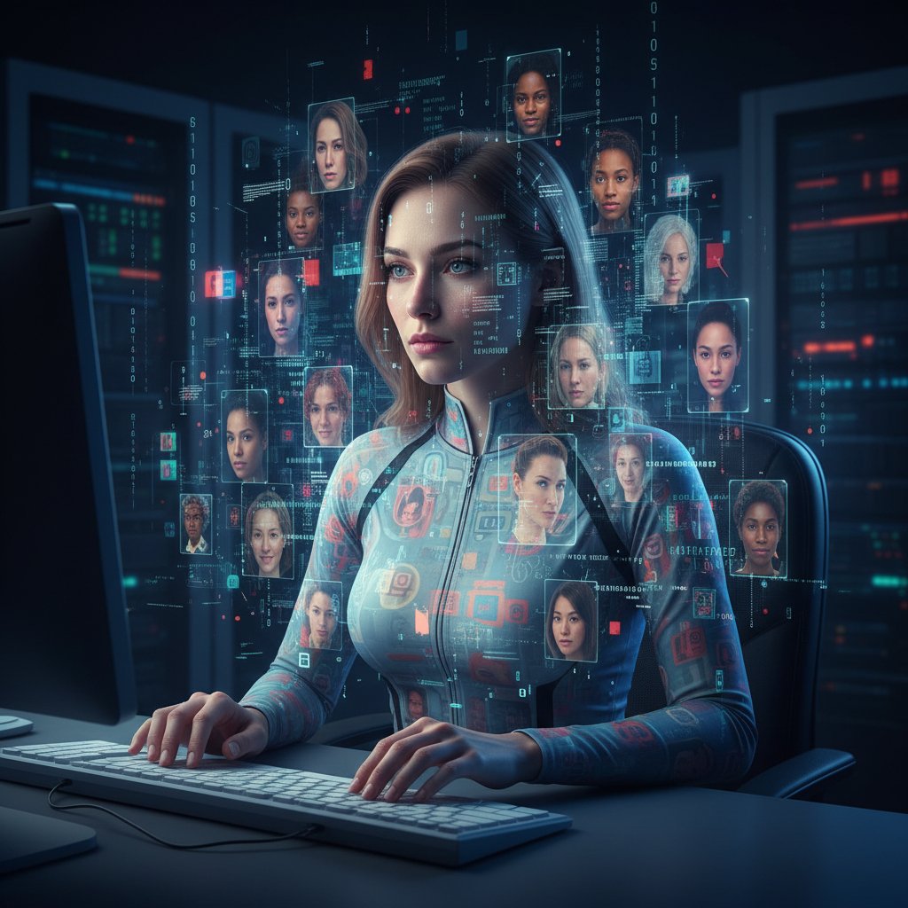 Kobieta pracująca przed komputerem, wokół niej cyfrowe projekcje różnych postaci i emocji