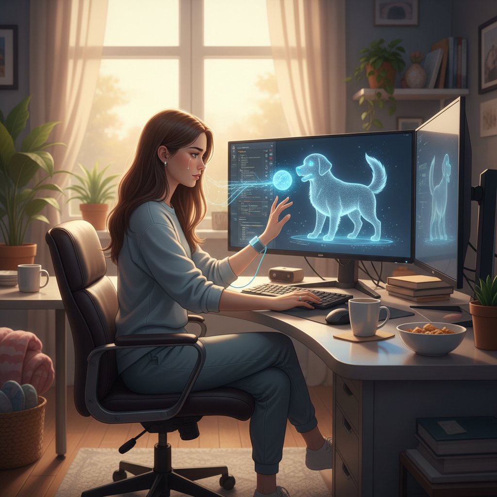 Kobieta przy komputerze, na ekranie wirtualny pies – emocjonalny portret z elementami codzienności