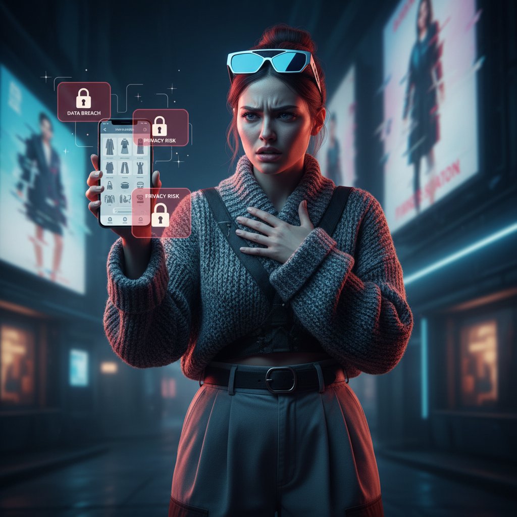Kobieta martwiąca się o prywatność podczas korzystania z aplikacji modowej