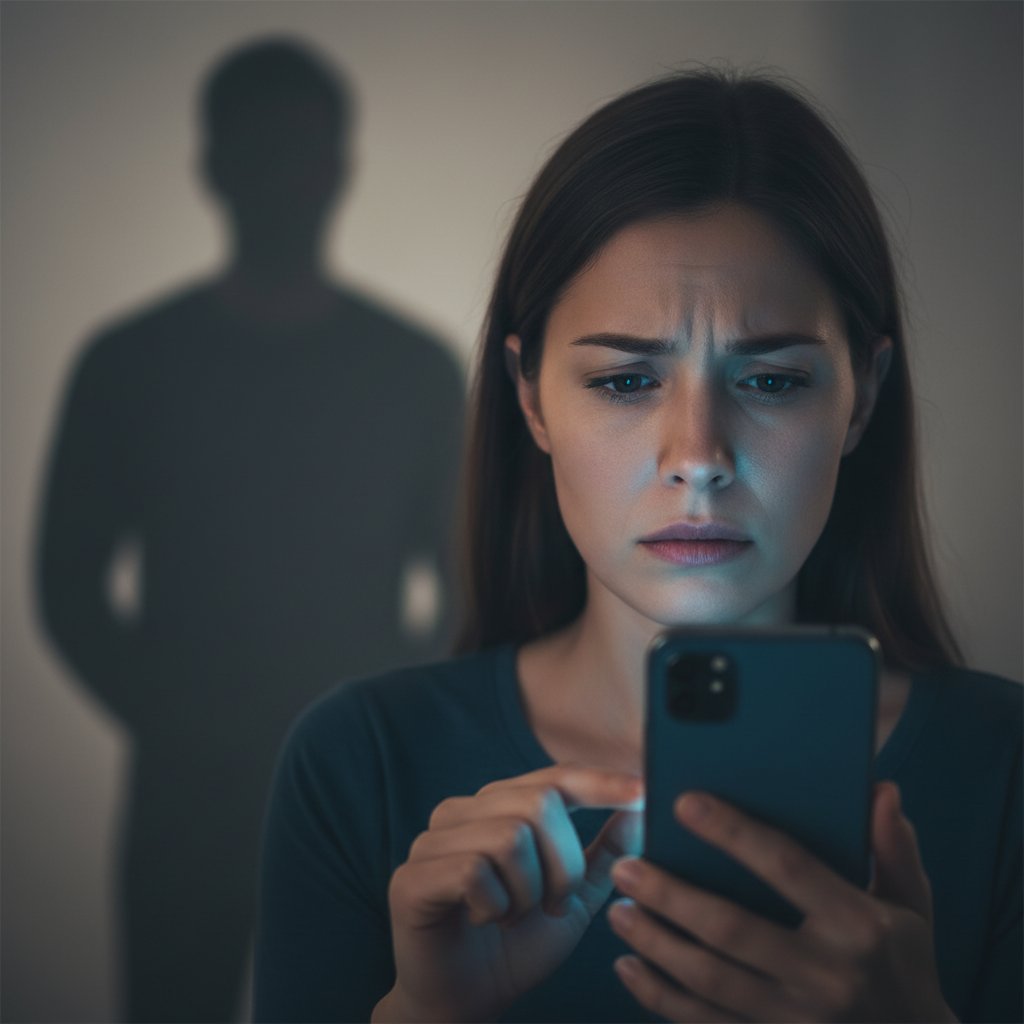 Symbolfoto: Frau betrachtet besorgt ihr Smartphone, im Hintergrund unscharfe Silhouetten als Symbol für Datenschutzbedenken