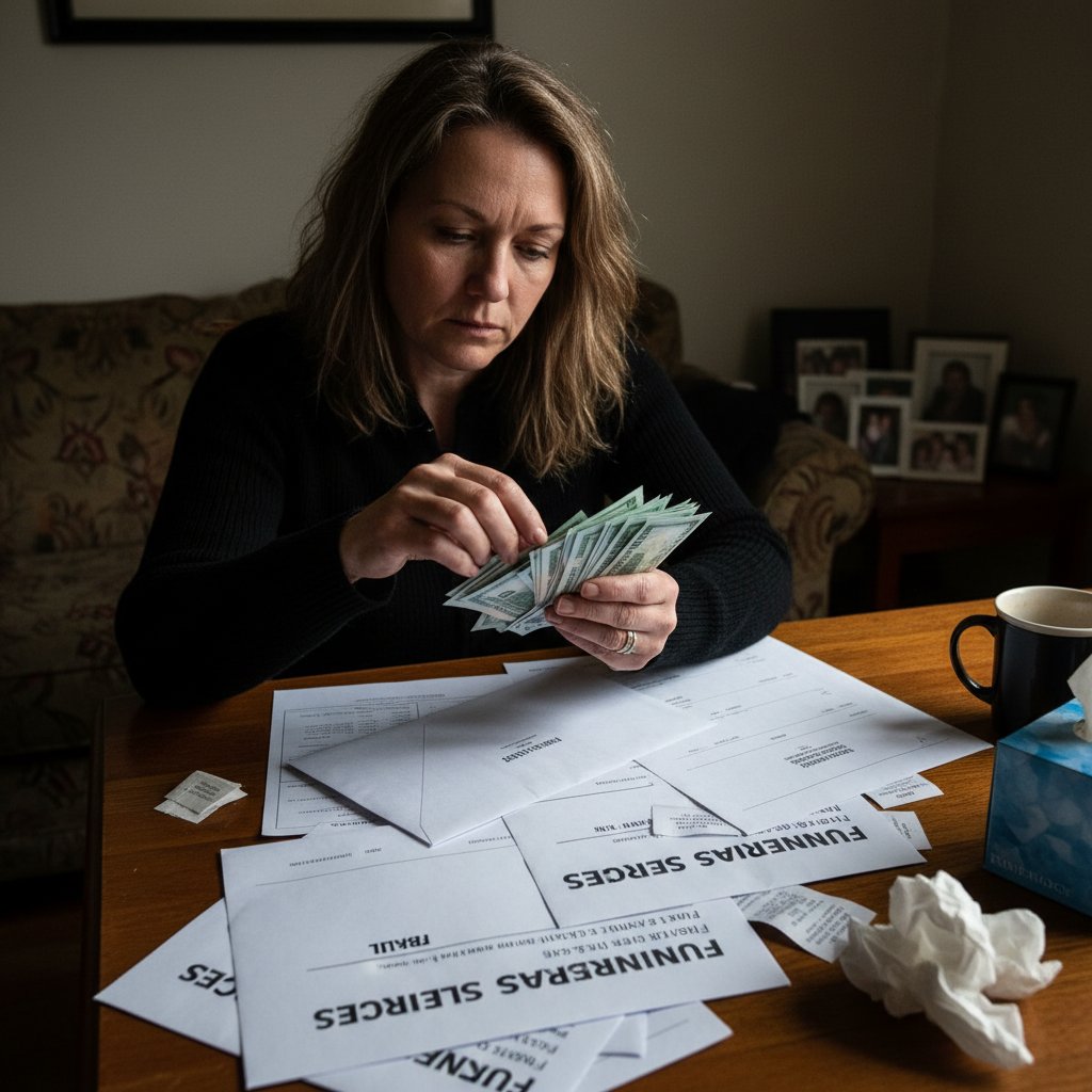 Kobieta licząca pieniądze przy rachunkach pogrzebowych – stres finansowy po stracie