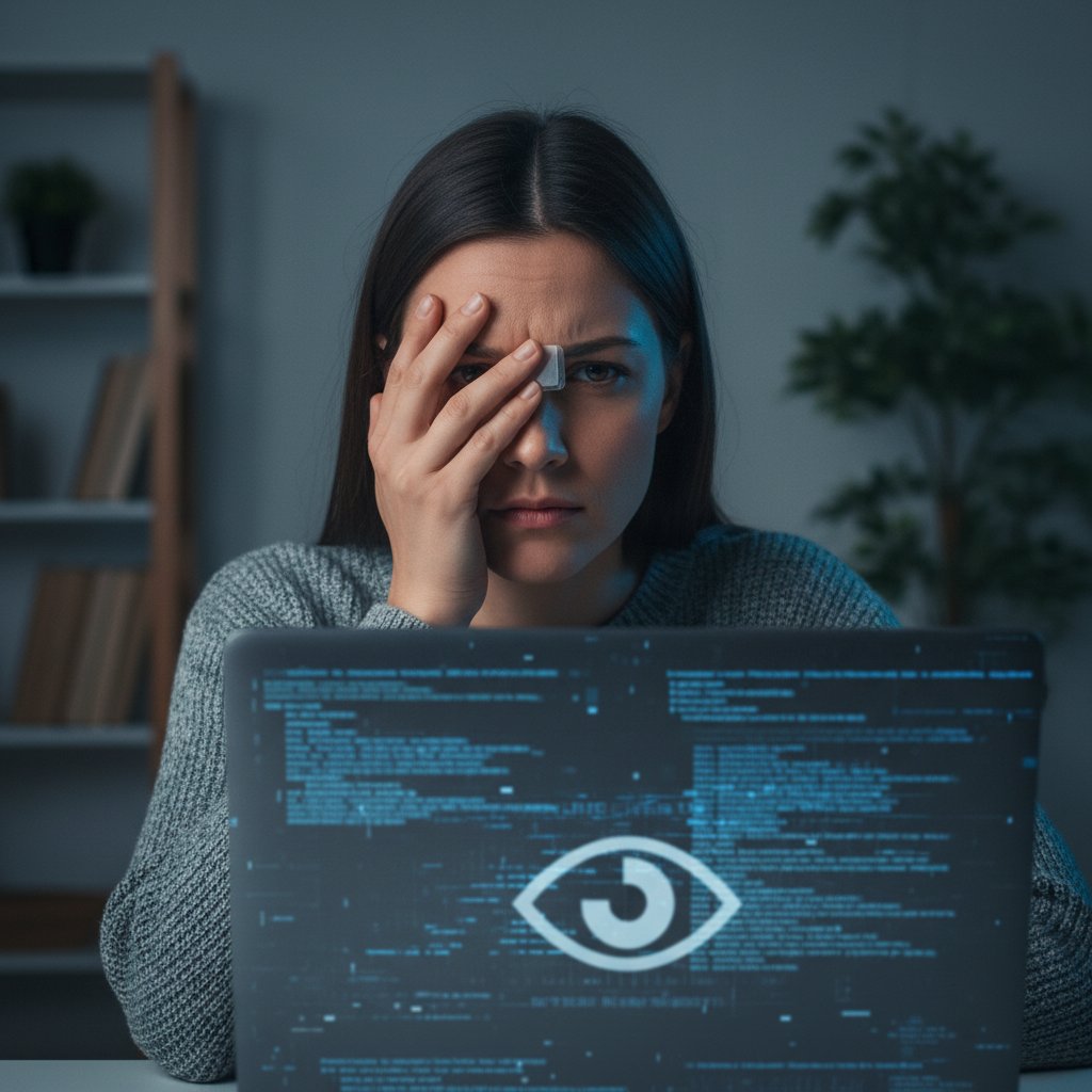 Kobieta zakrywająca kamerkę laptopa specjalną zaślepką, symbol ochrony prywatności w cyfrowym świecie