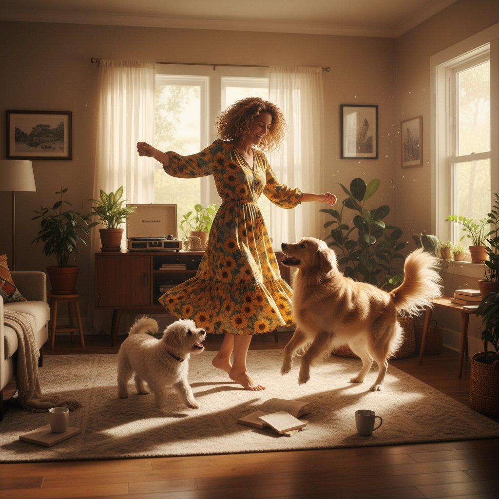 Kobieta tańczy w salonie, uśmiechnięta, obok pies – alternatywna aktywność fizyczna