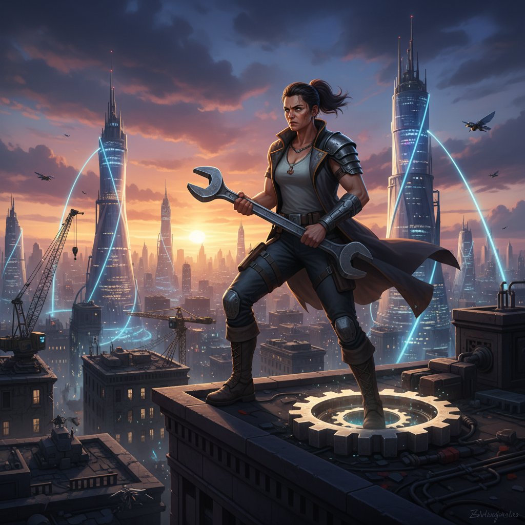 Kobieta patrząca z determinacją w przyszłość, miejskie tło, symbol siły i zmiany