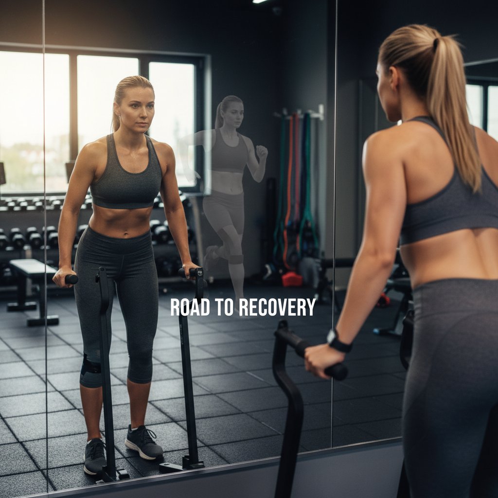 Motywująca scena: kobieta patrzy z determinacją na lustro w siłowni po treningu z kontuzją