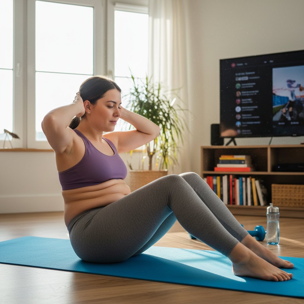 Kobieta wykonująca brzuszki w domu, ale wciąż widoczna tkanka tłuszczowa na brzuchu