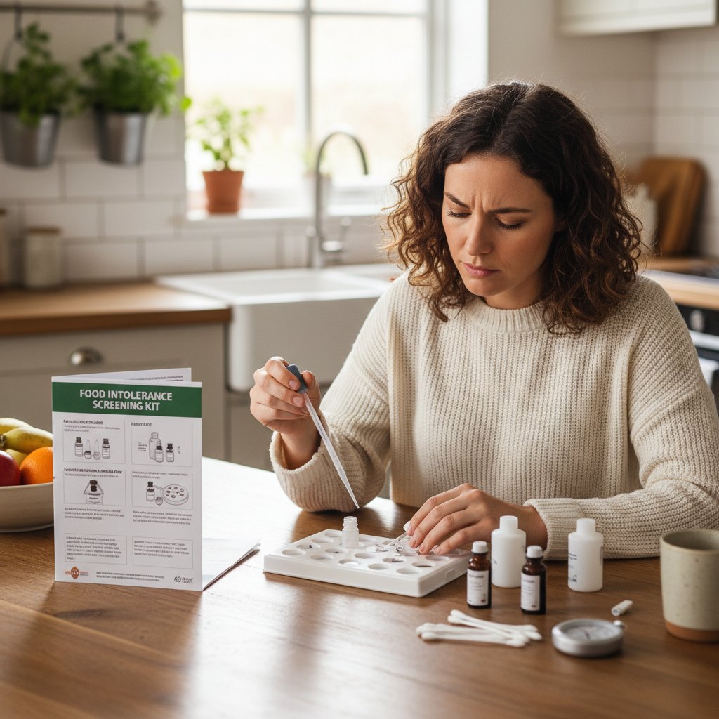 Młoda kobieta wykonująca domowy test spożywczy przy kuchennym stole z zestawem testowym i instrukcją