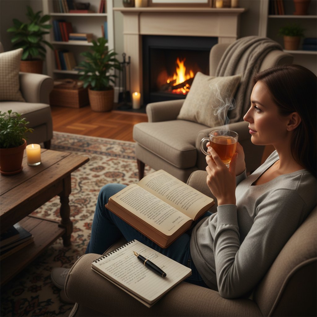 Zdjęcie: profil kobiety pijącej herbatę z czystka w domowym salonie, w tle otwarta książka i notatki
