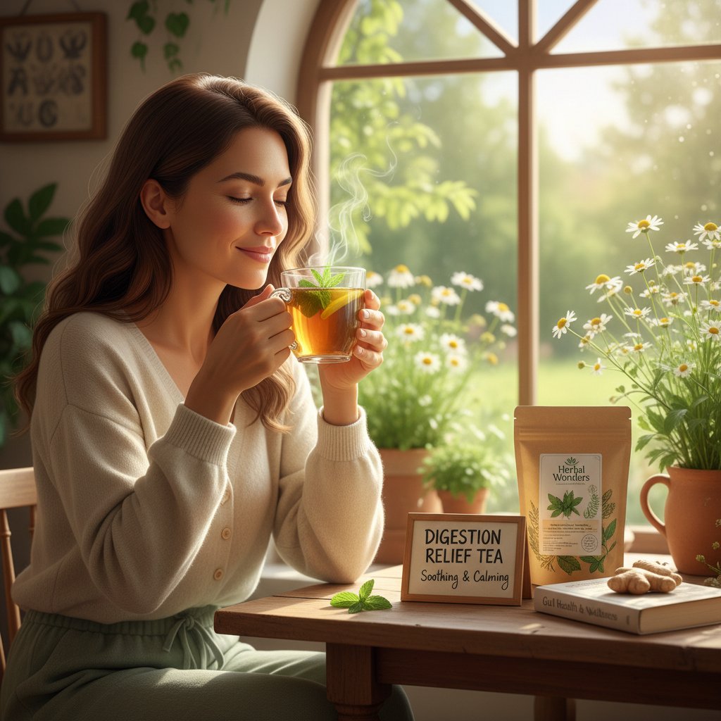 Kobieta pije ziołową herbatę przy oknie – domowy sposób na poprawę trawienia