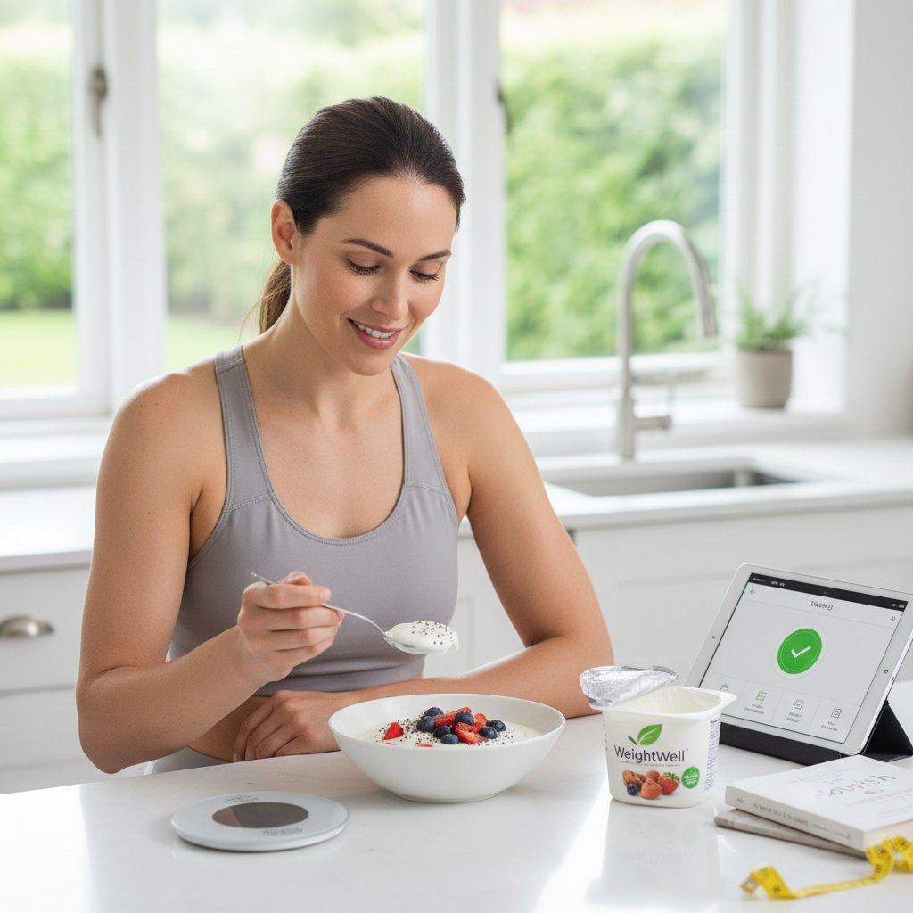 Kobieta sięgająca po jogurt naturalny wieczorem – wsparcie odchudzania dzięki kazeinie