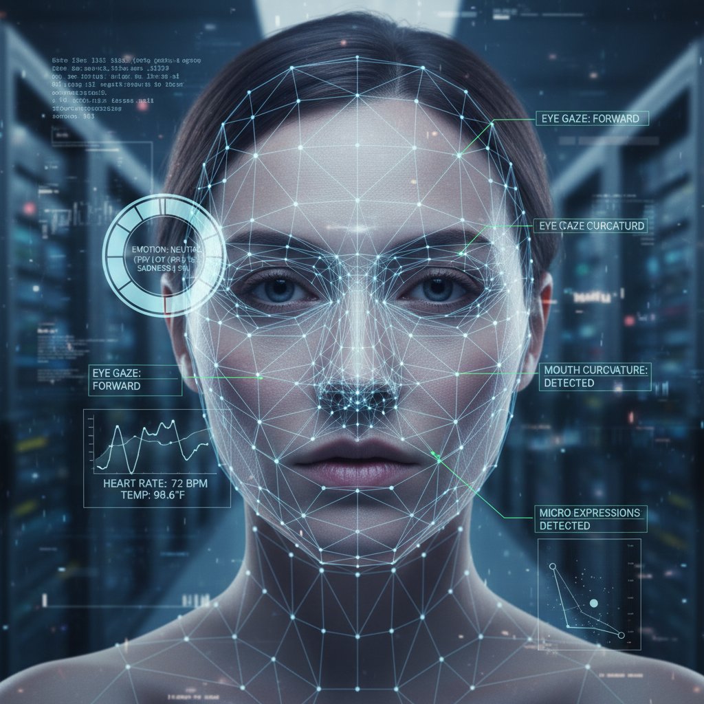 Zdjęcie AI analizującej twarz kobiety z różnymi emocjami, cyfrowe wskaźniki