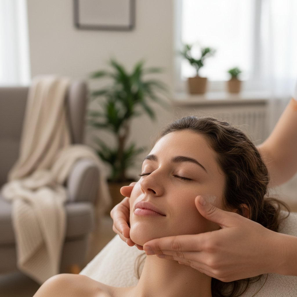 Kobieta wykonująca masaż twarzy w domu, skupienie na okolicach bruzd nosowo-wargowych