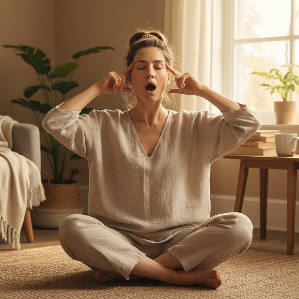 Kobieta ćwicząca jogę twarzy w domu w relaksującej atmosferze, naturalne światło