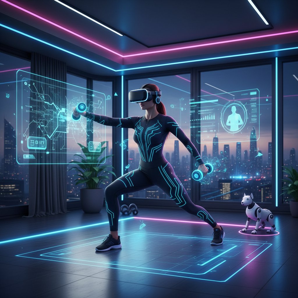Nowoczesna kobieta ćwicząca z wirtualnym trenerem AI i VR w domowym zaciszu