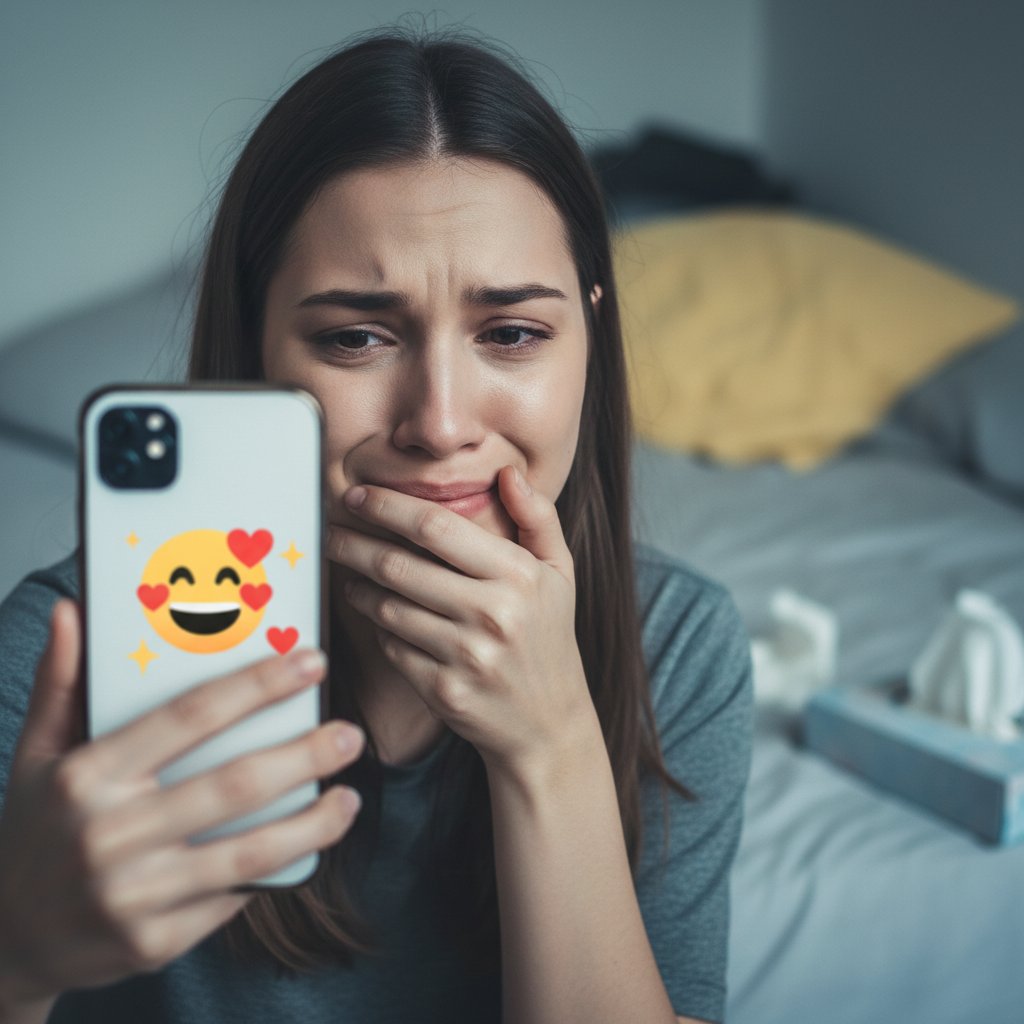 Kobieta z wymuszonym uśmiechem patrząca na ekran telefonu, kontrast między miną a otoczeniem