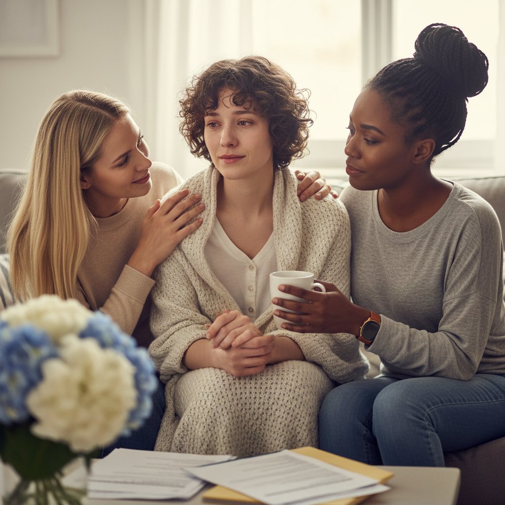 Zdjęcie kobiety na spacerze z przyjaciółmi – wsparcie po diagnozie wycieku z brodawki