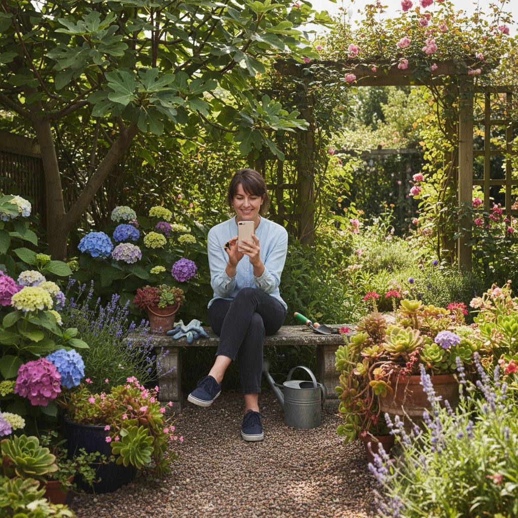 Kobieta patrząca na telefon w ogrodzie, z wyraźnymi oznakami cyfrowego rozproszenia, otoczona roślinami wymagającymi pielęgnacji