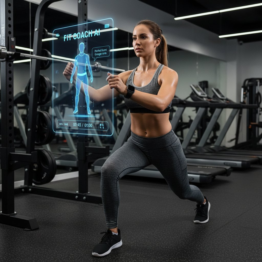 Kobieta trenująca z telefonem i aplikacją treningową, wizualizacja wsparcia AI w treningu