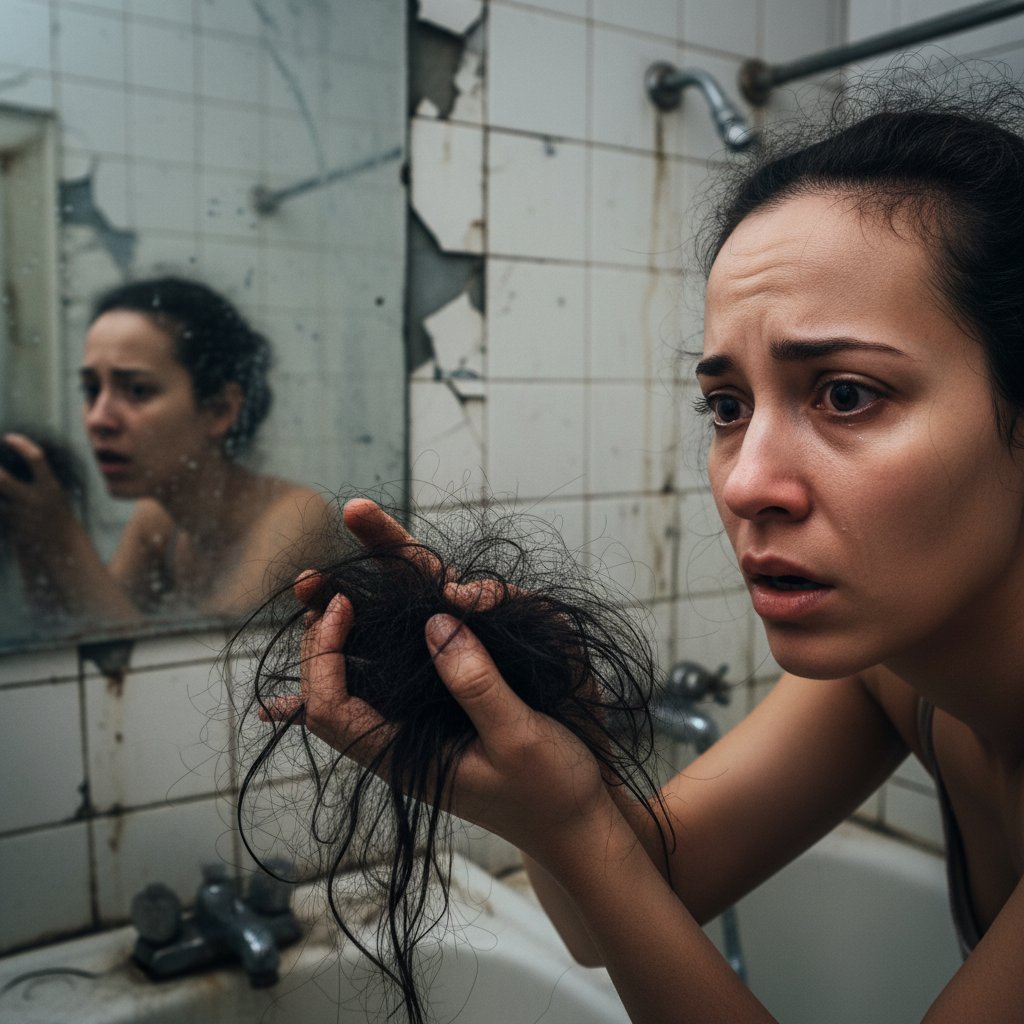 Zbliżenie na przerażone spojrzenie kobiety trzymającej w dłoni garść wypadających włosów