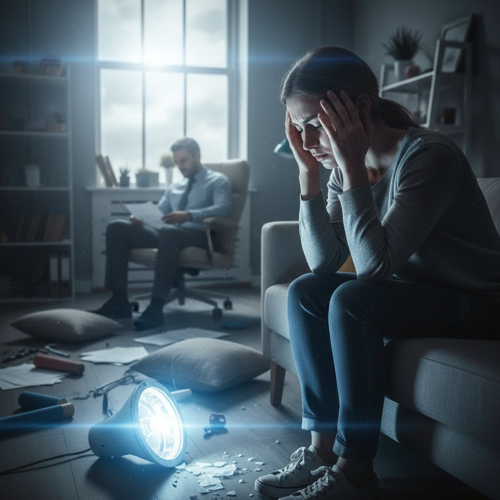 Kobieta trzymająca się za głowę po nieudanej sesji fototerapii, wyraźny dyskomfort, silne światło w tle