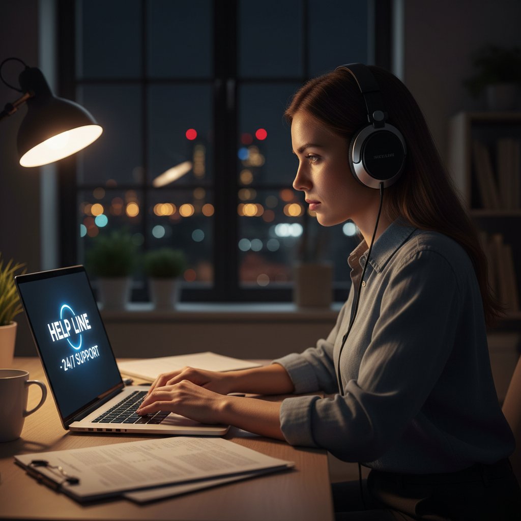 Młoda kobieta w słuchawkach, przy komputerze, skupiona na rozmowie, światło lampki akcentuje twarz