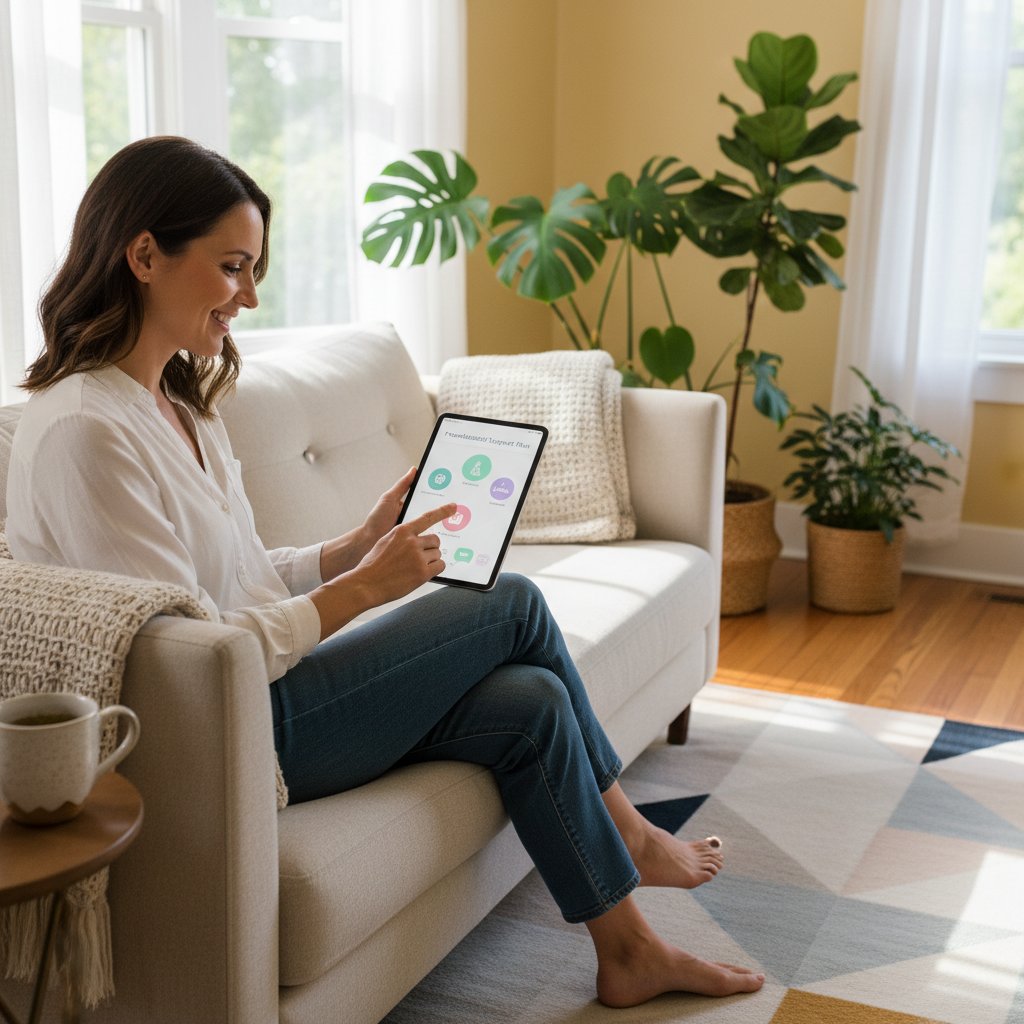 Kobieta korzystająca z aplikacji zdrowotnej na smartfonie, jasne wnętrze, atmosfera wsparcia
